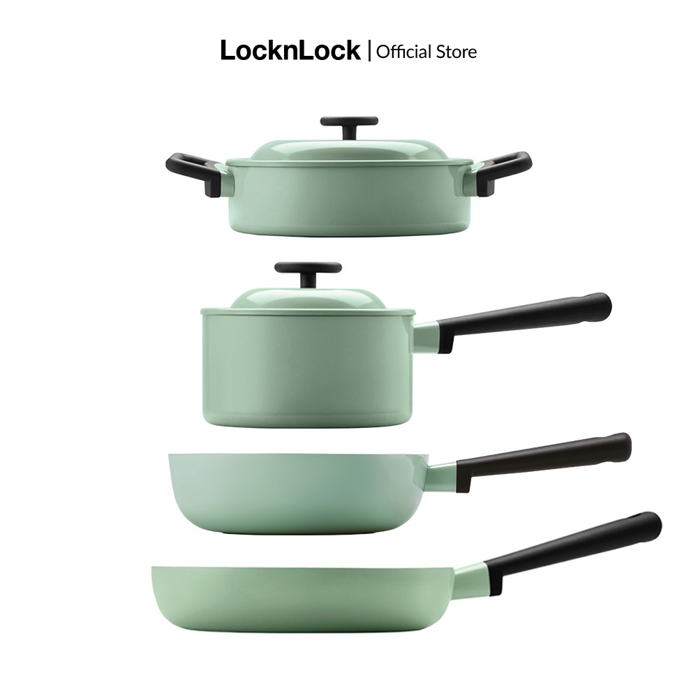 Bộ nồi chảo Lock&Lock DECORE màu xanh mint ( 2 nồi, 2 chảo ) LDE1245IH+LDE1244IH+LDE1263IH+LDE1181IH