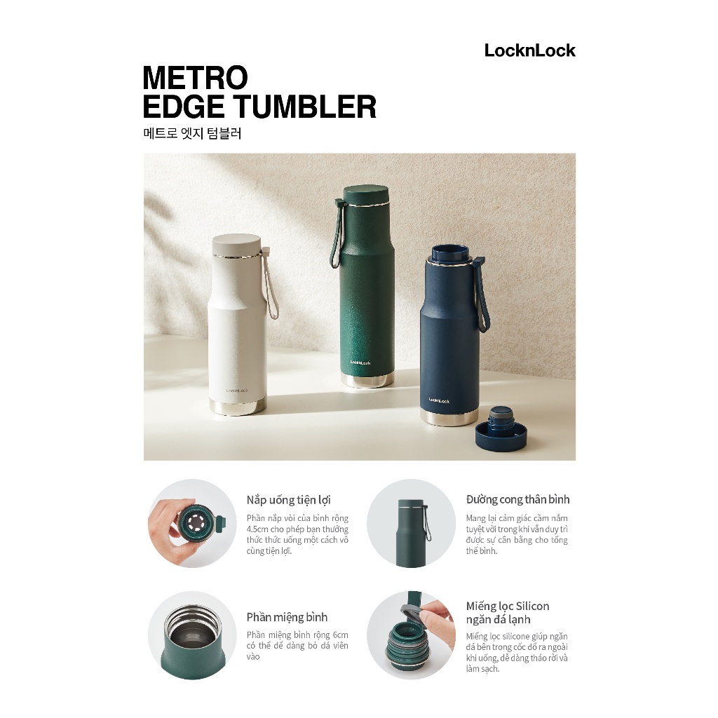 Bình giữ nhiệt LocknLock Metro Edge Tumbler 620ml - có quai xách, giữ nhiệt nóng lạnh - 3 màu LHC4199