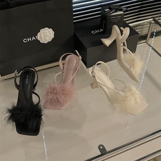 Giày Cao Gót Sandal Mũi Vuông Đính Lông Vũ Phong Cách Âu Mỹ Thời Trang Mùa Xuân 2023