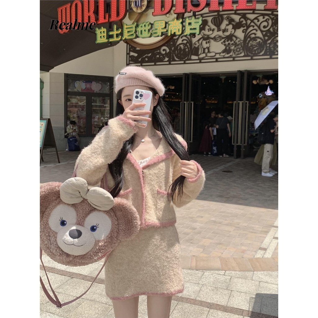 Mới Bộ Áo cardigan Dệt Kim Màu Hồng + Chân Váy Xinh Xắn Dành Cho Bé Gái