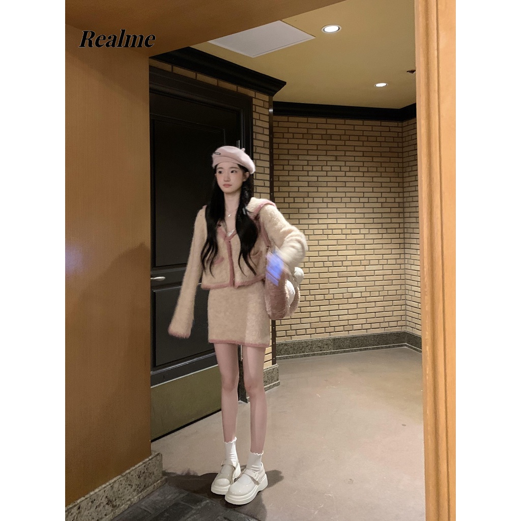 Mới Bộ Áo cardigan Dệt Kim Màu Hồng + Chân Váy Xinh Xắn Dành Cho Bé Gái