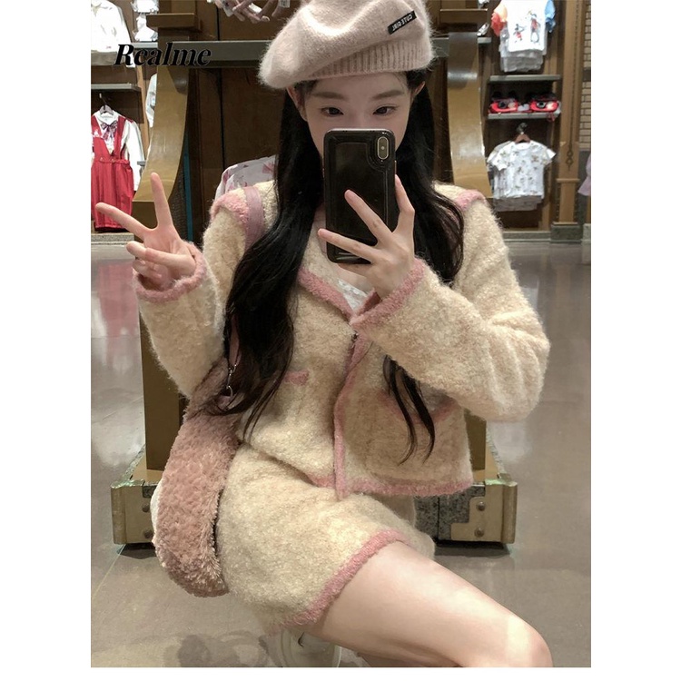 Mới Bộ Áo cardigan Dệt Kim Màu Hồng + Chân Váy Xinh Xắn Dành Cho Bé Gái