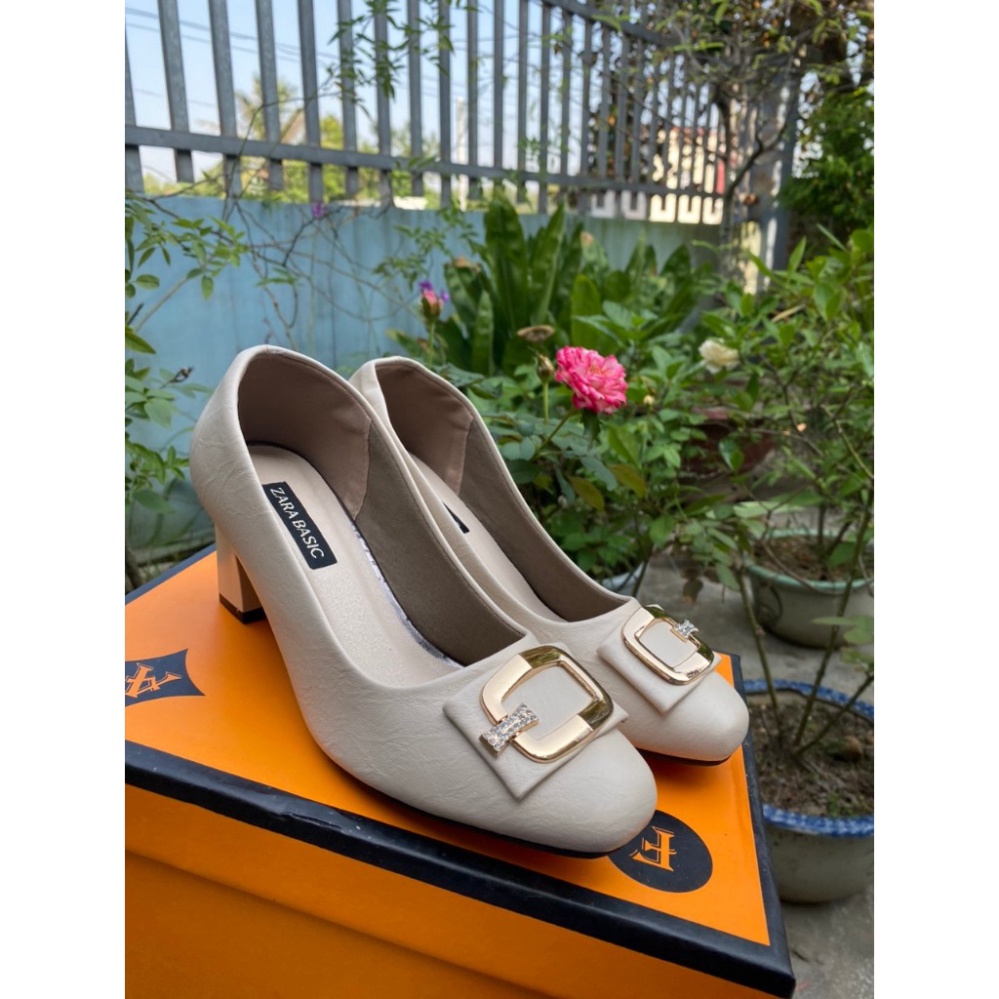 Giày cao gót công sở nữ mũi tròn đế vuông gót 7 phân mác vuông đính đá