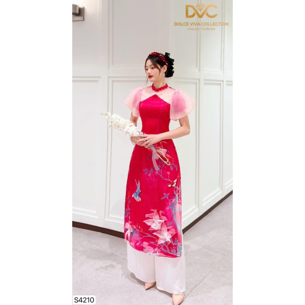 SET ÁO DÀI CÁCH TÂN ĐỎ CỔ NGỌC TAY BỒNG S4210 - DVC as store