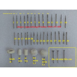 Mũi mài lưỡi cắt nhiều loại cán 3mm- đĩa cắt mỏng đầu nỉ đánh bóng hay đầu len đánh bóng đĩa cắt ốc mini mũi mài