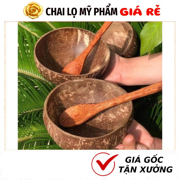 Combo Bát Gáo Dừa Cỡ 13-15cm + Muỗng Gỗ Dừa Siêu Rẻ Đẹp Dùng Đựng Bột Thiên Nhiên, Ngũ Cốc HUHA