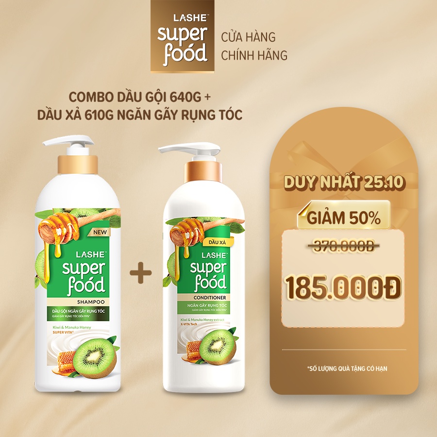 [GIẢM 50%] Combo Dầu gội 640G + Dầu xả 610G LASHE SUPERFOOD ngăn gãy rụng tóc