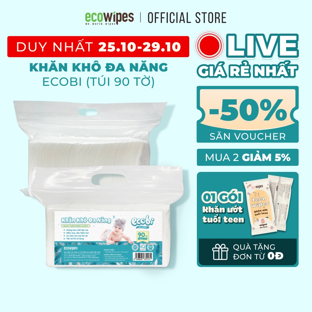 Khăn vải khô đa năng cao cấp an toàn cho bé Ecowipes túi 90 tờ 120g siêu tiết kiệm mềm mịn dai thấm hút tốt