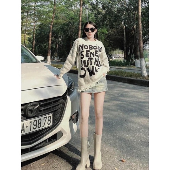 ÁO LEN RÁCH GẤU CHỮ NO BODY OVERSIZE