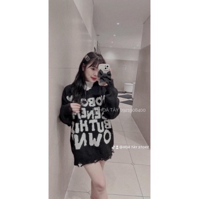 ÁO LEN RÁCH GẤU CHỮ NO BODY OVERSIZE