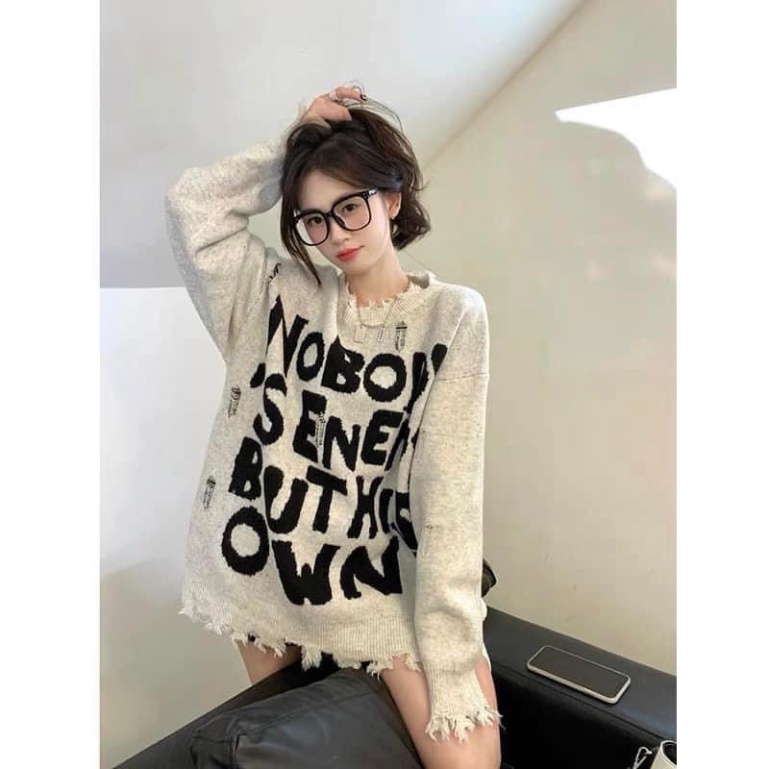 ÁO LEN RÁCH GẤU CHỮ NO BODY OVERSIZE