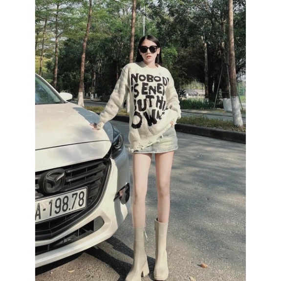 ÁO LEN RÁCH GẤU CHỮ NO BODY OVERSIZE