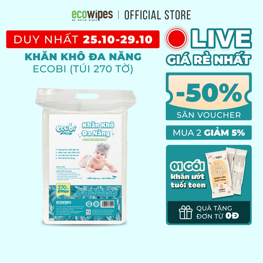 Khăn vải khô đa năng cao cấp an toàn cho bé Ecobi túi 270 tờ 345g siêu tiết kiệm mềm mịn dai thấm hút tốt