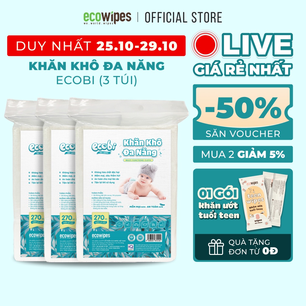 Combo 03 túi khăn vải khô đa năng cao cấp cho bé Ecowipes túi 270 tờ 345g siêu tiết kiệm mềm mịn dai thấm hút tốt