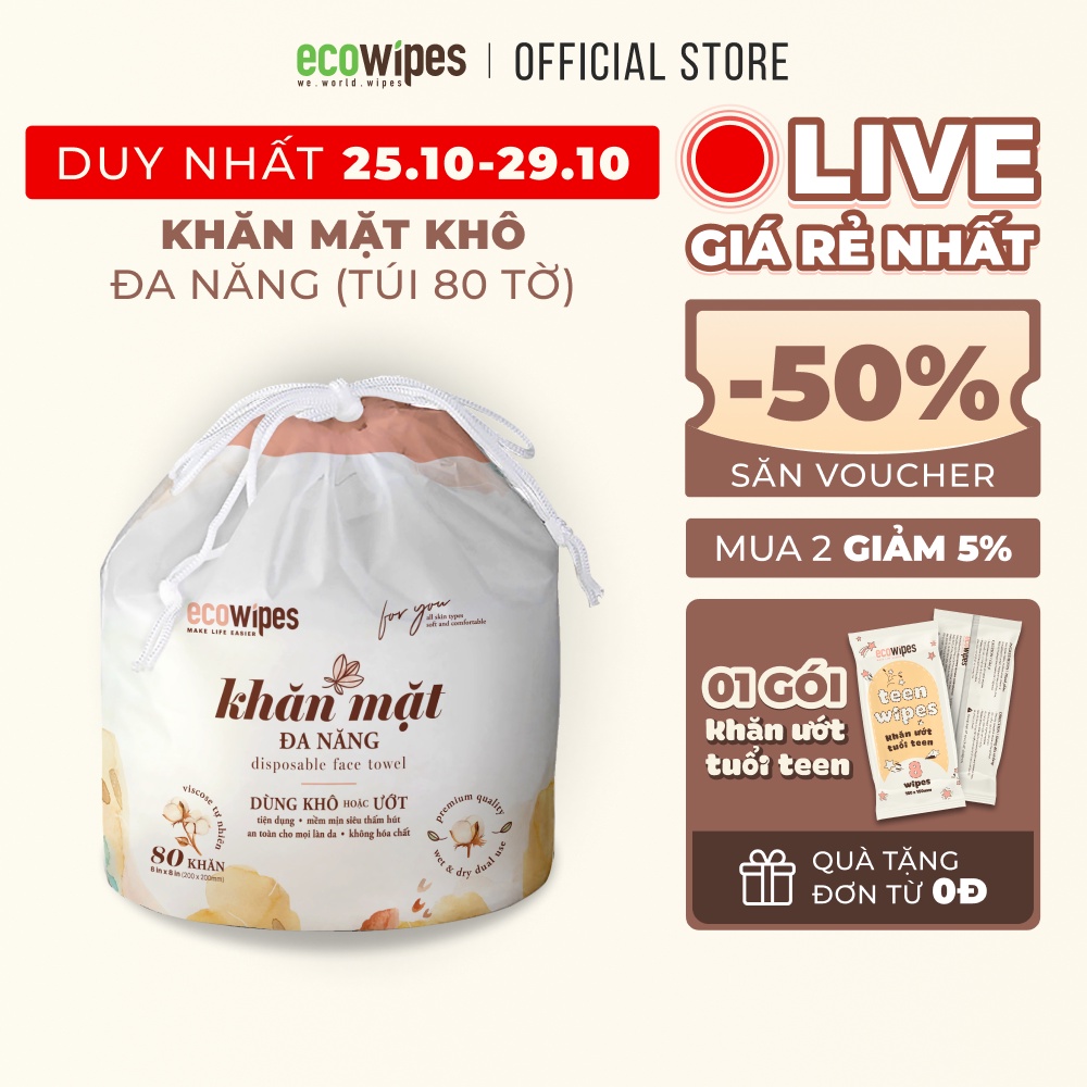 Khăn mặt khô khăn giấy khô đa năng cao cấp Ecowipes cuộn 80 tờ 345g không mùi size 20x20cm lau khô lau ướt tiện lợi