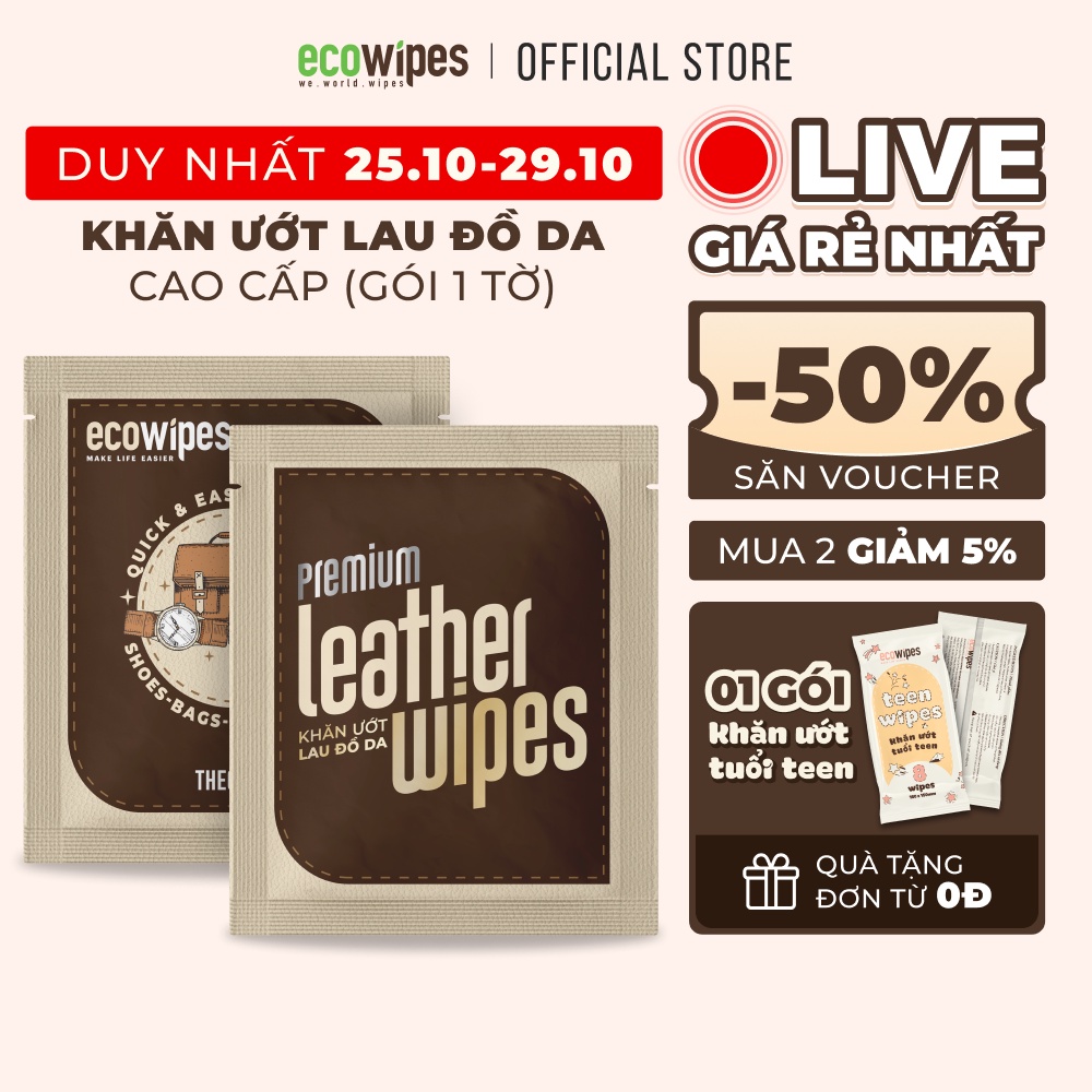 Khăn giấy ướt vệ sinh dưỡng bóng giày da túi da ví da Leather EcoWipes travel size gói 1 tờ lau siêu sạch