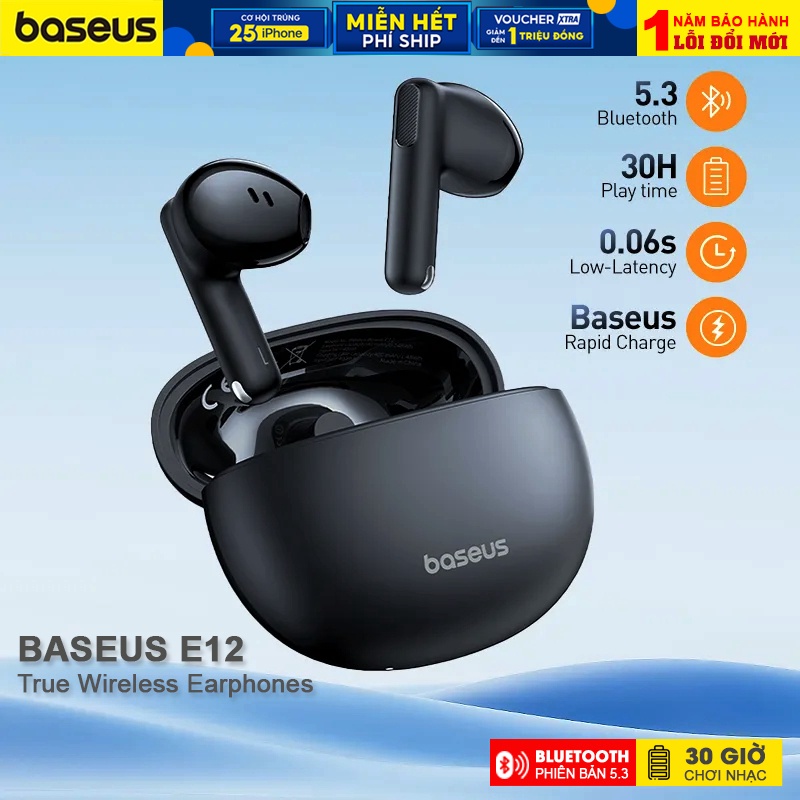 Tai nghe Bluetooth Baseus Bowie E12 True Wireless Earphones Bluetooth v5.3 có mic pin 30 tiếng, sạc nhanh 1h, có bass