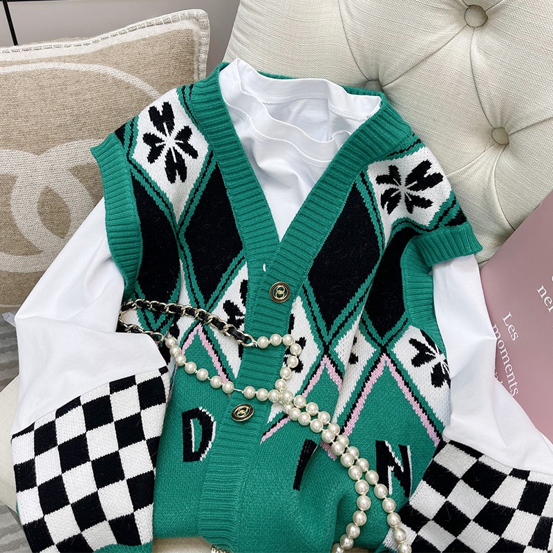 Bộ Áo sweater Dệt Kim Màu Xanh Lá + Áo Khoác Sát Nách Kiểu retro Thời Trang Mùa Thu 2022 Cho Bạn Gái