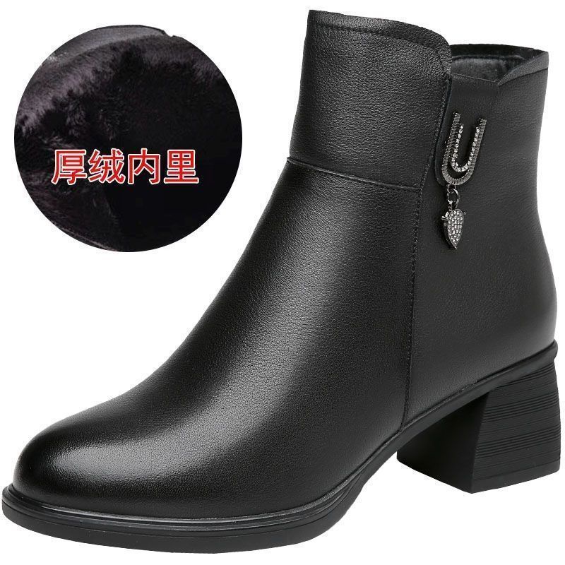 Giày Bốt Da Mềm Gót Dày Mũi Nhọn Phối Khóa Kéo Bên Hông Phong Cách Châu Âu Thời Trang Cho Nữ