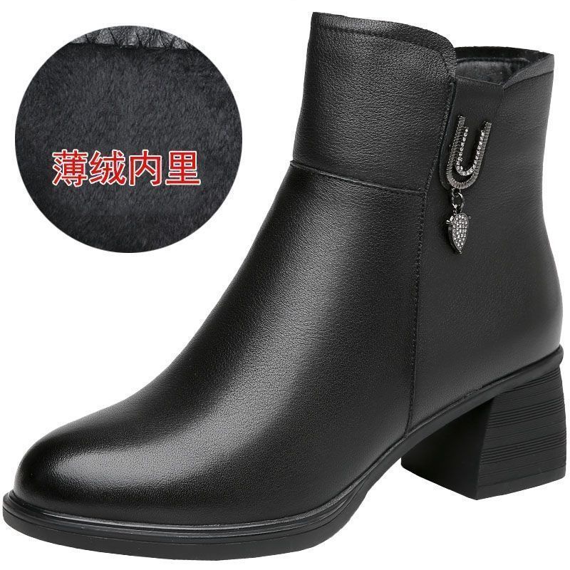 Giày Bốt Da Mềm Gót Dày Mũi Nhọn Phối Khóa Kéo Bên Hông Phong Cách Châu Âu Thời Trang Cho Nữ