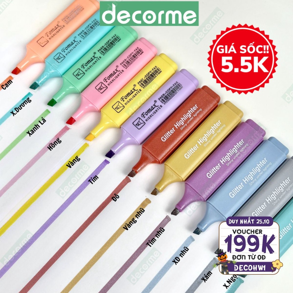 Bút highlight Decorme 18 màu bút đánh dấu highlight dạ quang nhiều màu bút nhũ nhớ dòng tiện dụng cho học sinh văn phòng