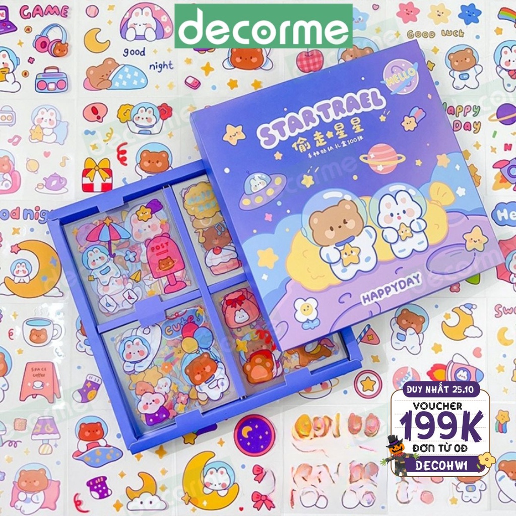 Hộp 100 sticker cắt sẵn Decorme họa tiết dễ thương nhãn dán trang trí sổ vở Journal, bình nước văn phong phẩm