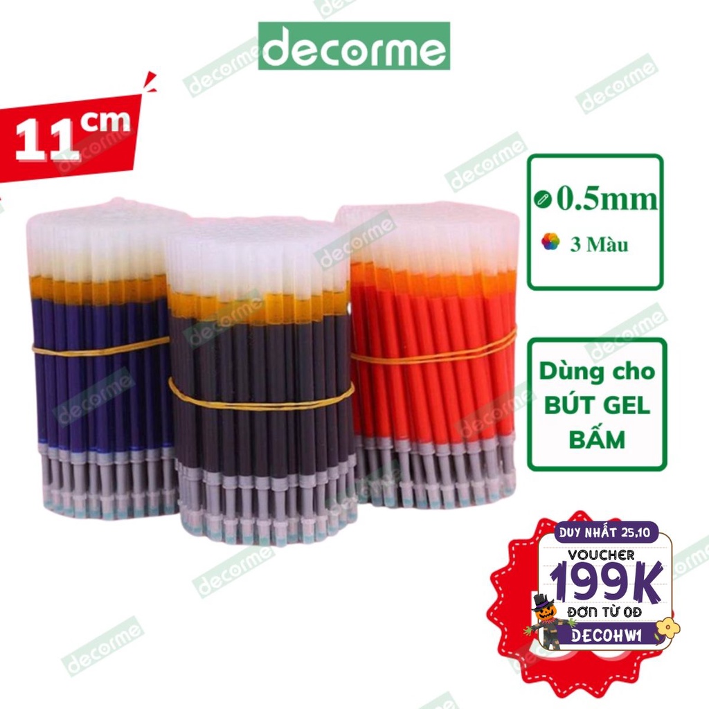 Ngòi bút bấm DecorMe ruột bút 11cm mực gel đen xanh đỏ ngòi 0.5mm dành cho bút gel bấm mực khô nhanh viết trơn mượt
