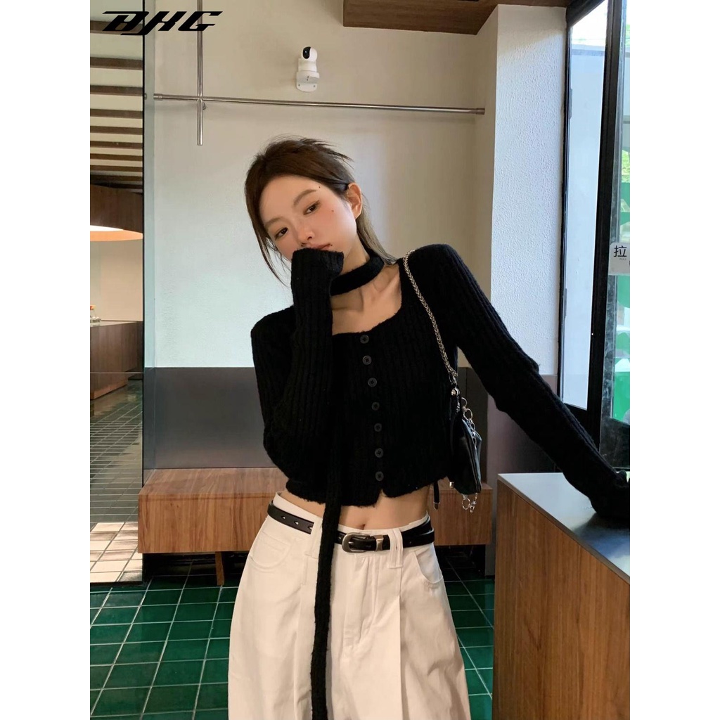 Áo Khoác cardigan Cổ Vuông Tay Dài Màu Đen Thời Trang Mùa Thu Cho Nữ