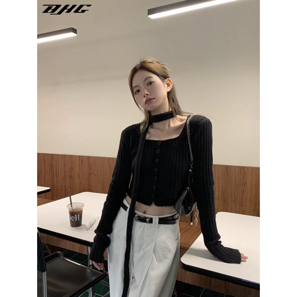 Áo Khoác cardigan Cổ Vuông Tay Dài Màu Đen Thời Trang Mùa Thu Cho Nữ