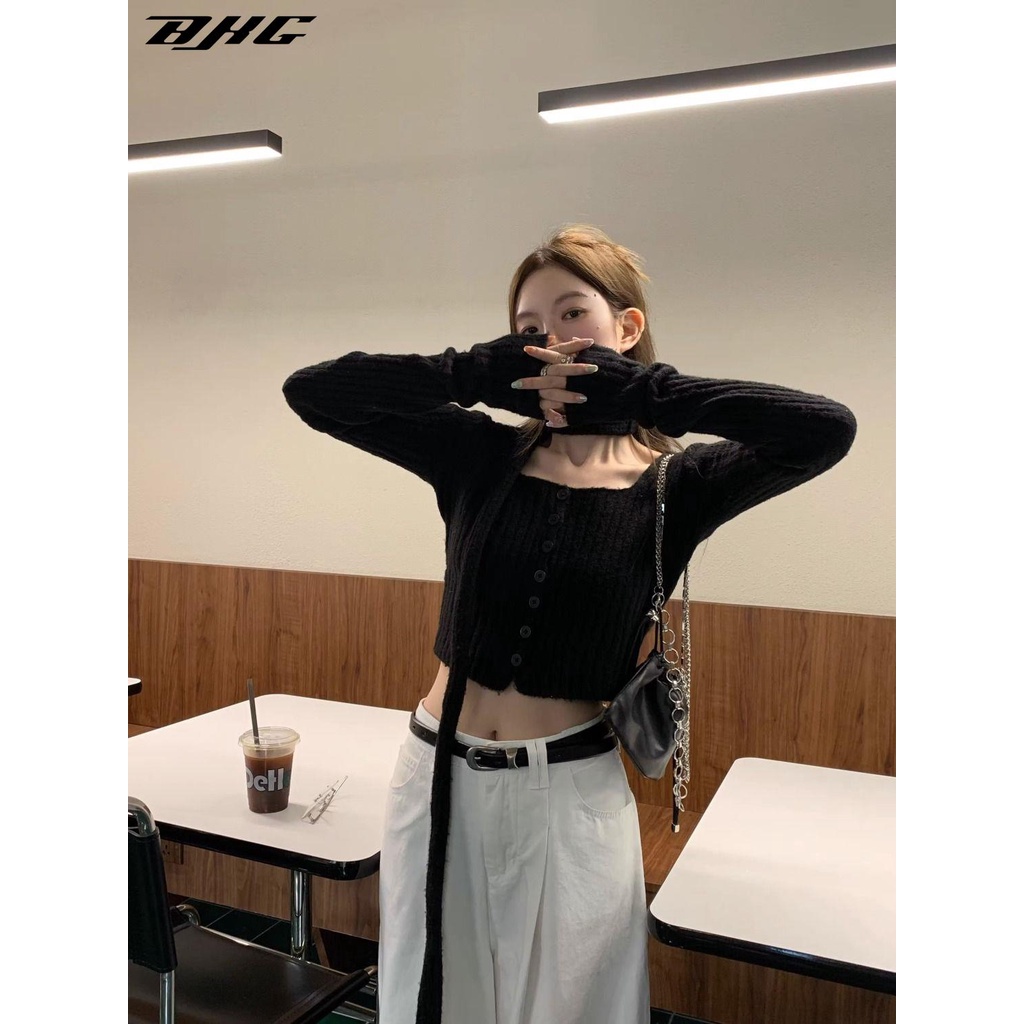 Áo Khoác cardigan Cổ Vuông Tay Dài Màu Đen Thời Trang Mùa Thu Cho Nữ