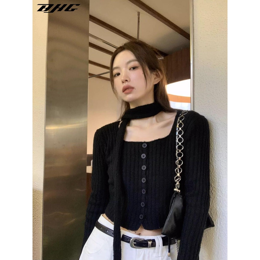 Áo Khoác cardigan Cổ Vuông Tay Dài Màu Đen Thời Trang Mùa Thu Cho Nữ