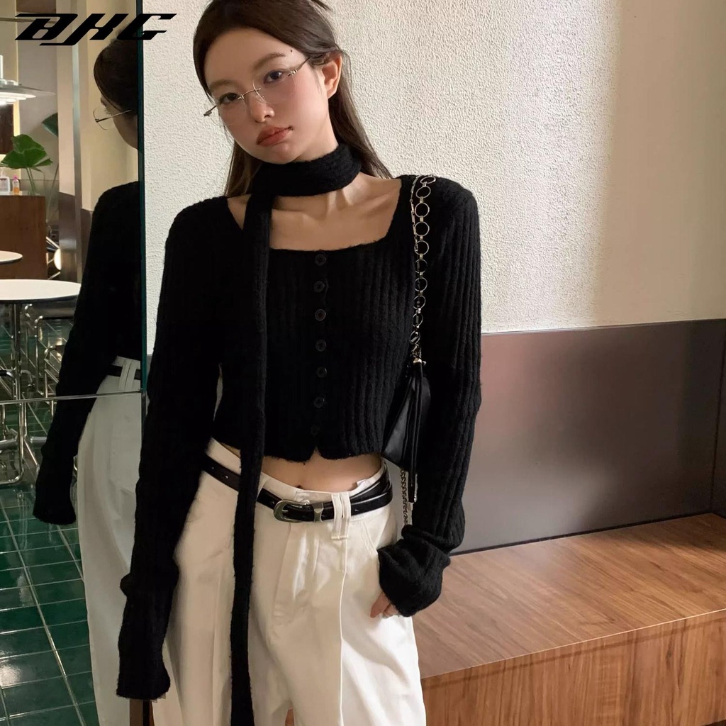 Áo Khoác cardigan Cổ Vuông Tay Dài Màu Đen Thời Trang Mùa Thu Cho Nữ