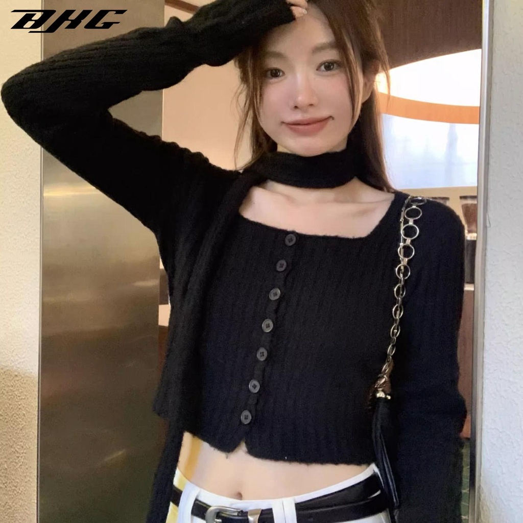 Áo Khoác cardigan Cổ Vuông Tay Dài Màu Đen Thời Trang Mùa Thu Cho Nữ