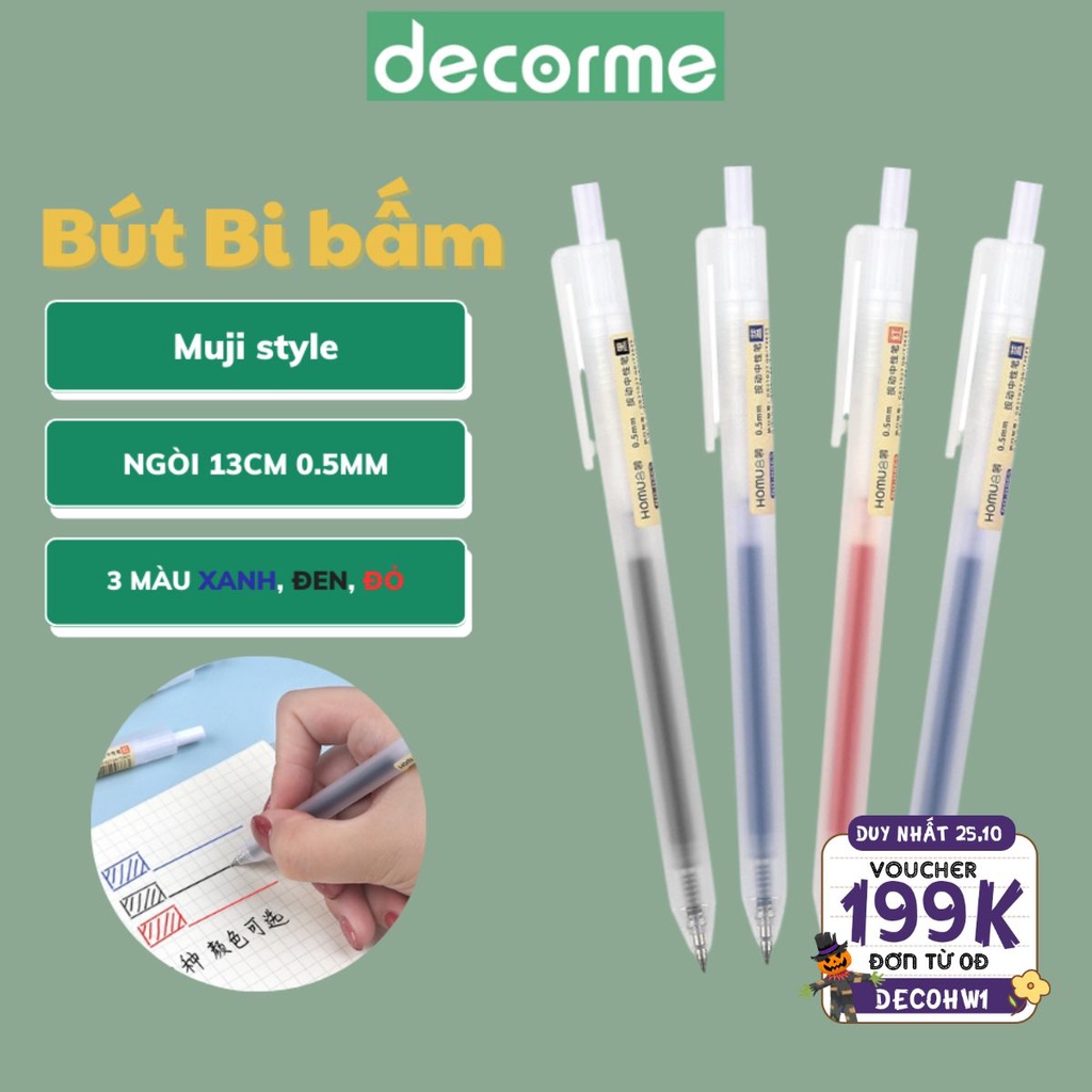 Bút gel bấm Baijin Dupe Muji mực đen 0.5mm DecorMe Bút gel bấm mực đen xanh đỏ ngòi 0.5
