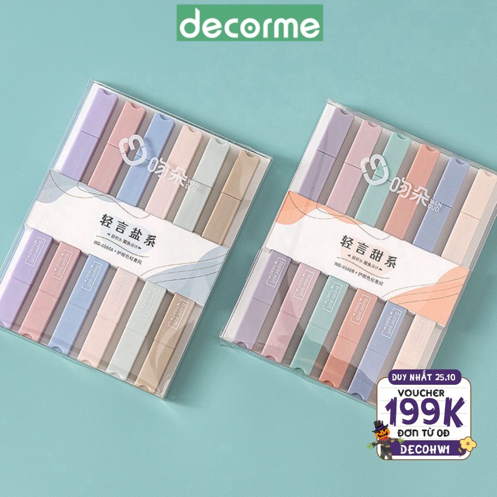 Highlight pastel DecorMe set 6 bút nhớ màu pastel thân vuông 2 đầu Duo Super soft WD