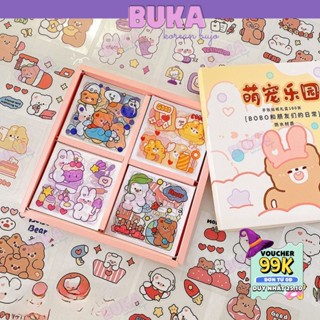 Hộp 100 tấm sticker trang trí Buka set sticker dễ thương cắt sẵn trang trí decor sổ, miếng dán tập vở, bình nước, bút