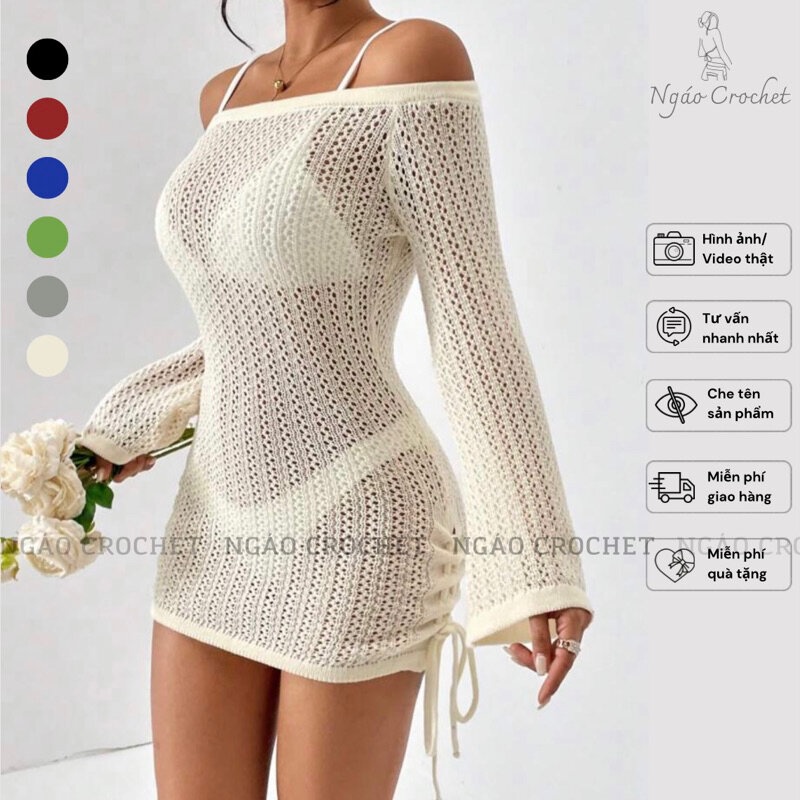 Áo Lưới Trễ Vai Tay Loe Dáng Ôm Có Dây Rút Điều Chỉnh, Đầm Len Lưới Dáng Ngắn Nhiều Màu Thanh Lịch