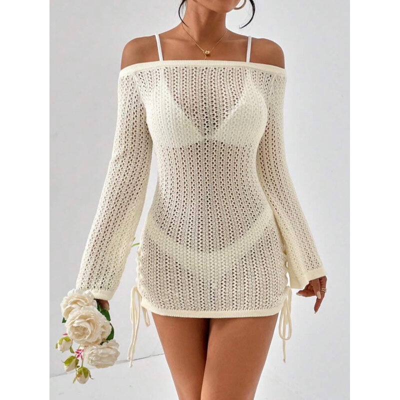 Áo Lưới Trễ Vai Tay Loe Dáng Ôm Có Dây Rút Điều Chỉnh, Đầm Len Lưới Dáng Ngắn Nhiều Màu Thanh Lịch