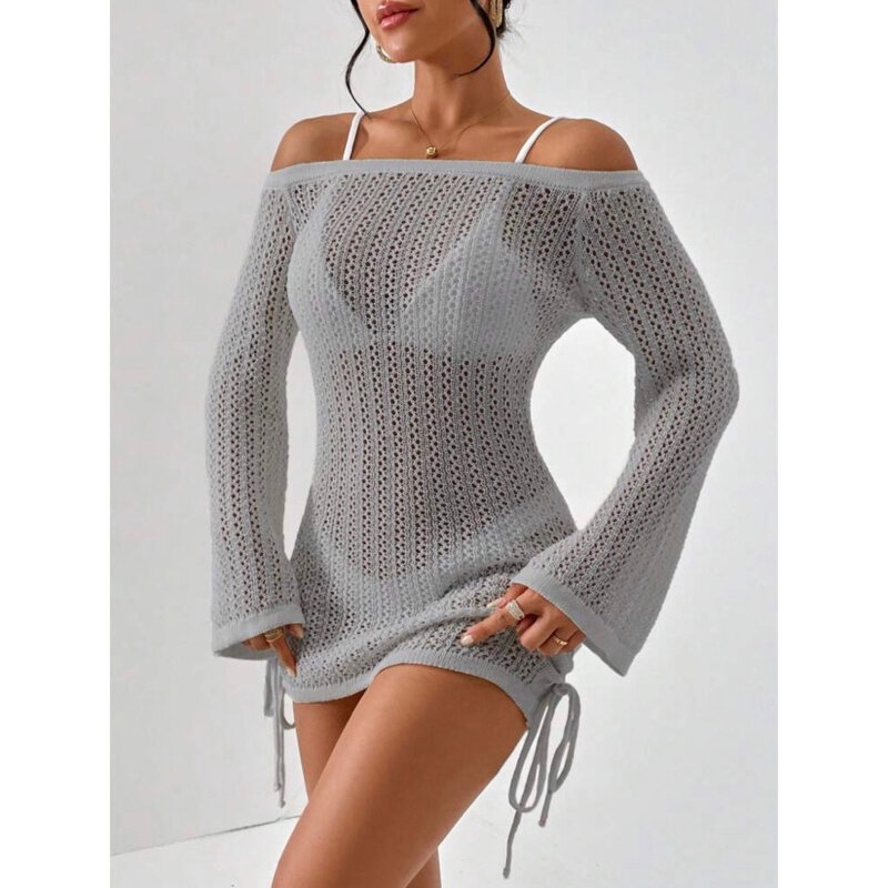 Áo Lưới Trễ Vai Tay Loe Dáng Ôm Có Dây Rút Điều Chỉnh, Đầm Len Lưới Dáng Ngắn Nhiều Màu Thanh Lịch