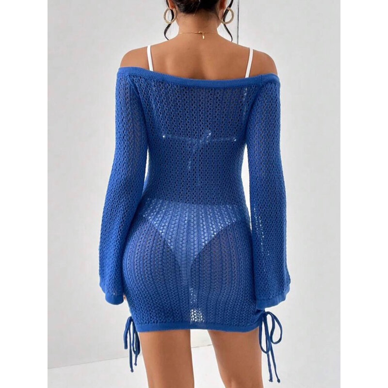 Áo Lưới Trễ Vai Tay Loe Dáng Ôm Có Dây Rút Điều Chỉnh, Đầm Len Lưới Dáng Ngắn Nhiều Màu Thanh Lịch