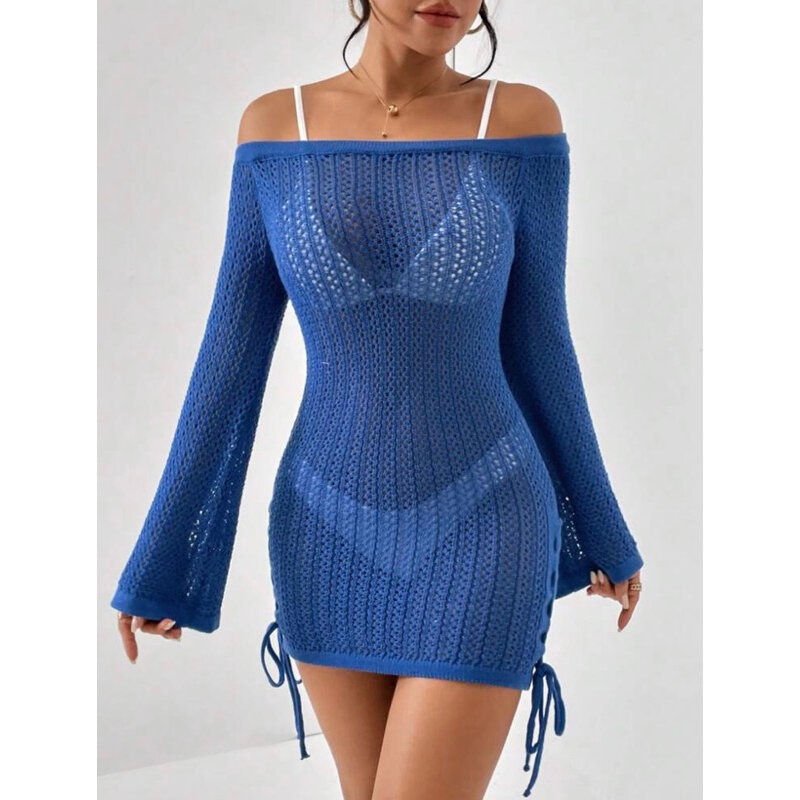 Áo Lưới Trễ Vai Tay Loe Dáng Ôm Có Dây Rút Điều Chỉnh, Đầm Len Lưới Dáng Ngắn Nhiều Màu Thanh Lịch