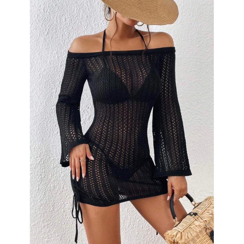 Áo Lưới Trễ Vai Tay Loe Dáng Ôm Có Dây Rút Điều Chỉnh, Đầm Len Lưới Dáng Ngắn Nhiều Màu Thanh Lịch