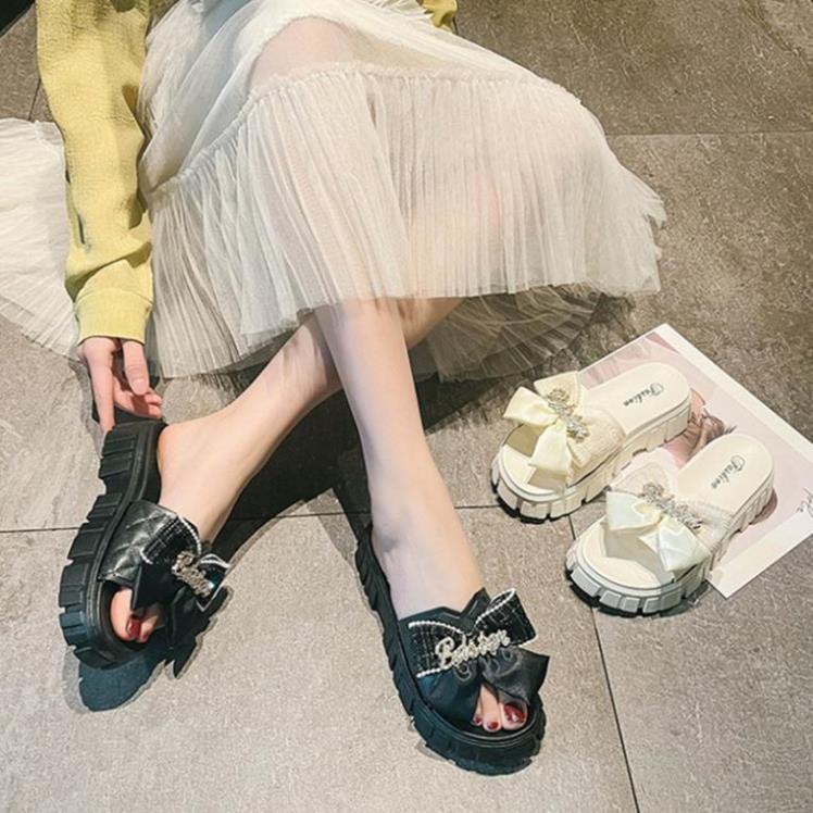 Dép Nữ Quai Ngang Đính Nơ Chữ Độn Đế Răng Cưa Siêu Đẹp