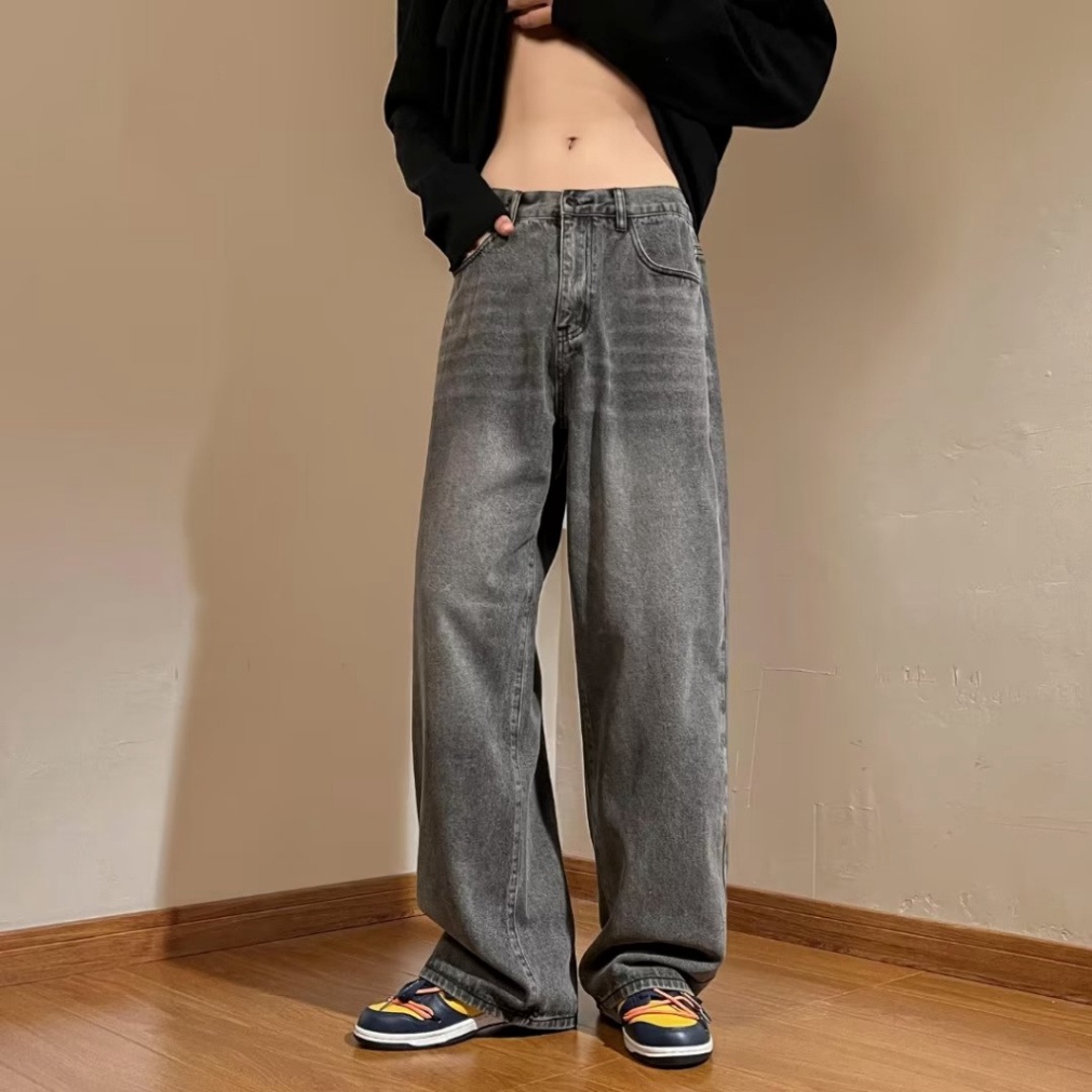 Quần jean ống rộng unisex  thời trang quần jean ống đứng hiphop quần bò ống rộng Cao Cấp denim quần jean đen nam