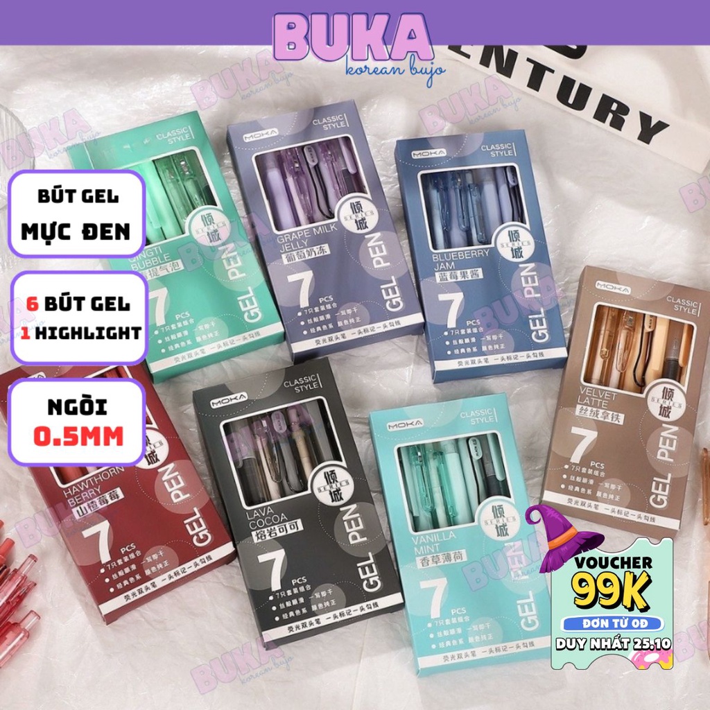 Set 7 bút MK Buka full loại ngòi bút gel màu đen, highlight đánh dấu thiết kế đa dạng phụ kiện văn phòng phẩm