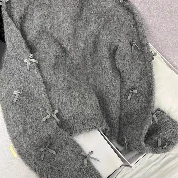 Áo sweater Dệt Kim Vải Bông Mềm Đính Nơ Phong Cách Hàn Quốc Thời Trang Thu Đông Cho Nữ