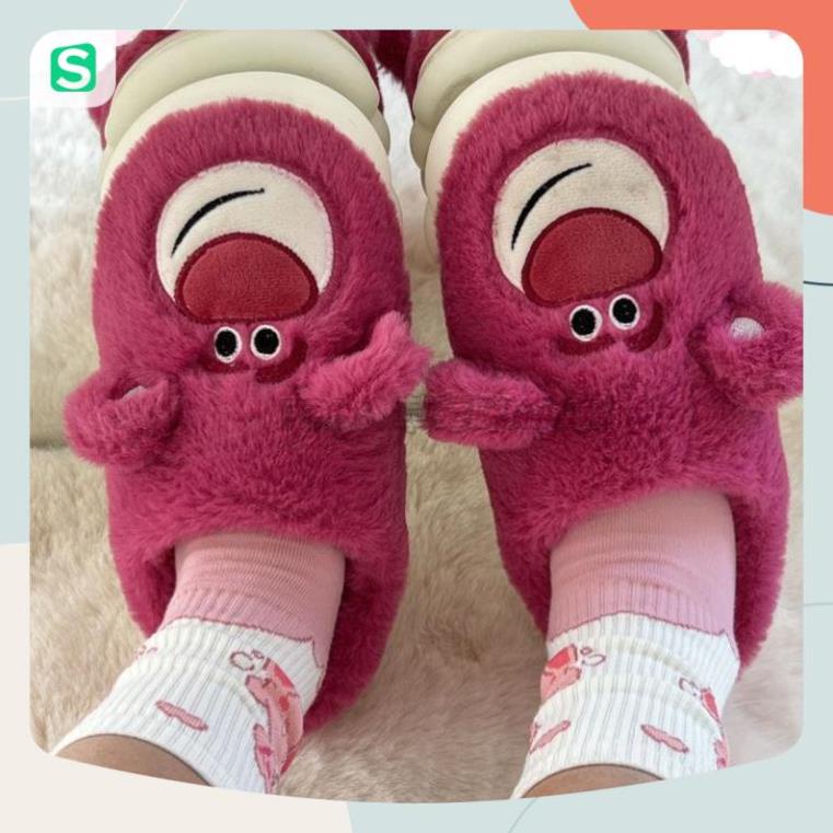 Dép bông đi trong nhà hình gấu dâu Lotso bản màu hồng dễ thương mùa đông năm 2023 size 36-41