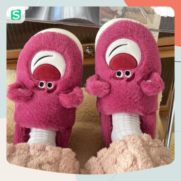 Dép bông đi trong nhà hình gấu dâu Lotso bản màu hồng dễ thương mùa đông năm 2023 size 36-41