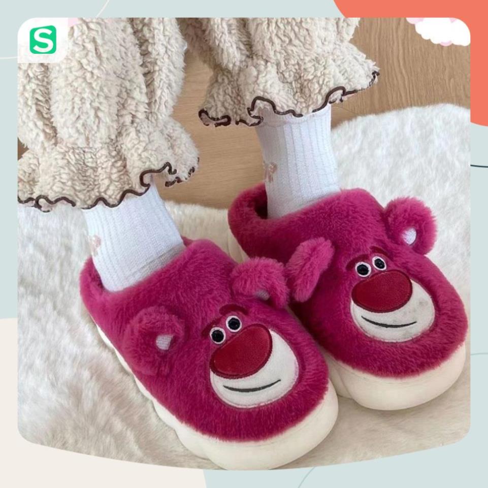 Dép bông đi trong nhà hình gấu dâu Lotso bản màu hồng dễ thương mùa đông năm 2023 size 36-41