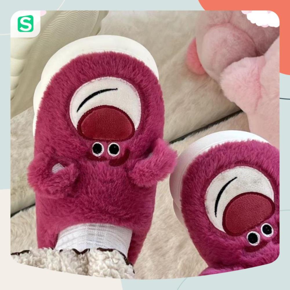 Dép bông đi trong nhà hình gấu dâu Lotso bản màu hồng dễ thương mùa đông năm 2023 size 36-41